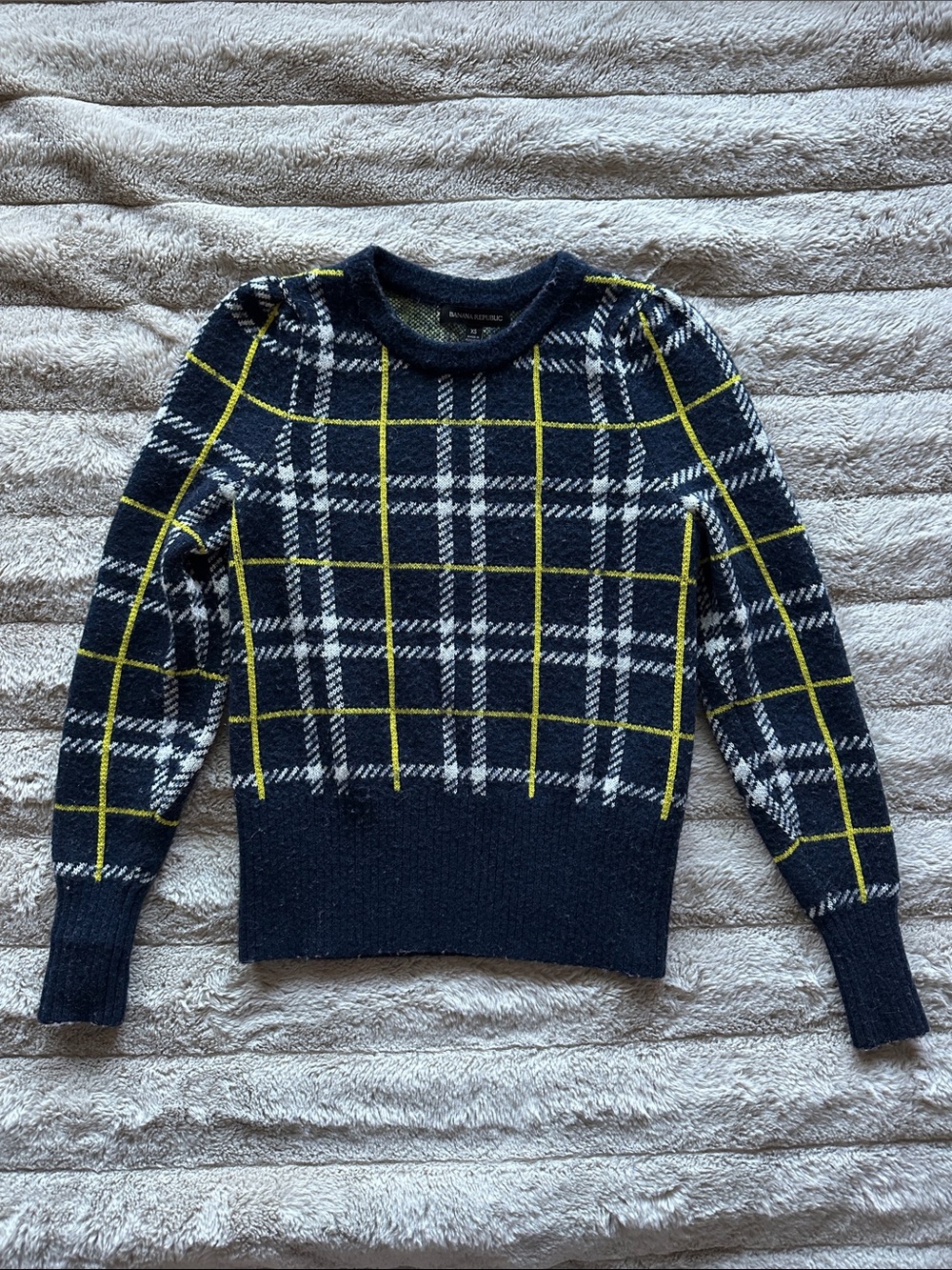 Banana Republic Navy Plaid Crewneck Sweater with Yellow Grid